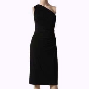 RALPH LAUREN Black One Shoulder Ruched Knee Length Dress